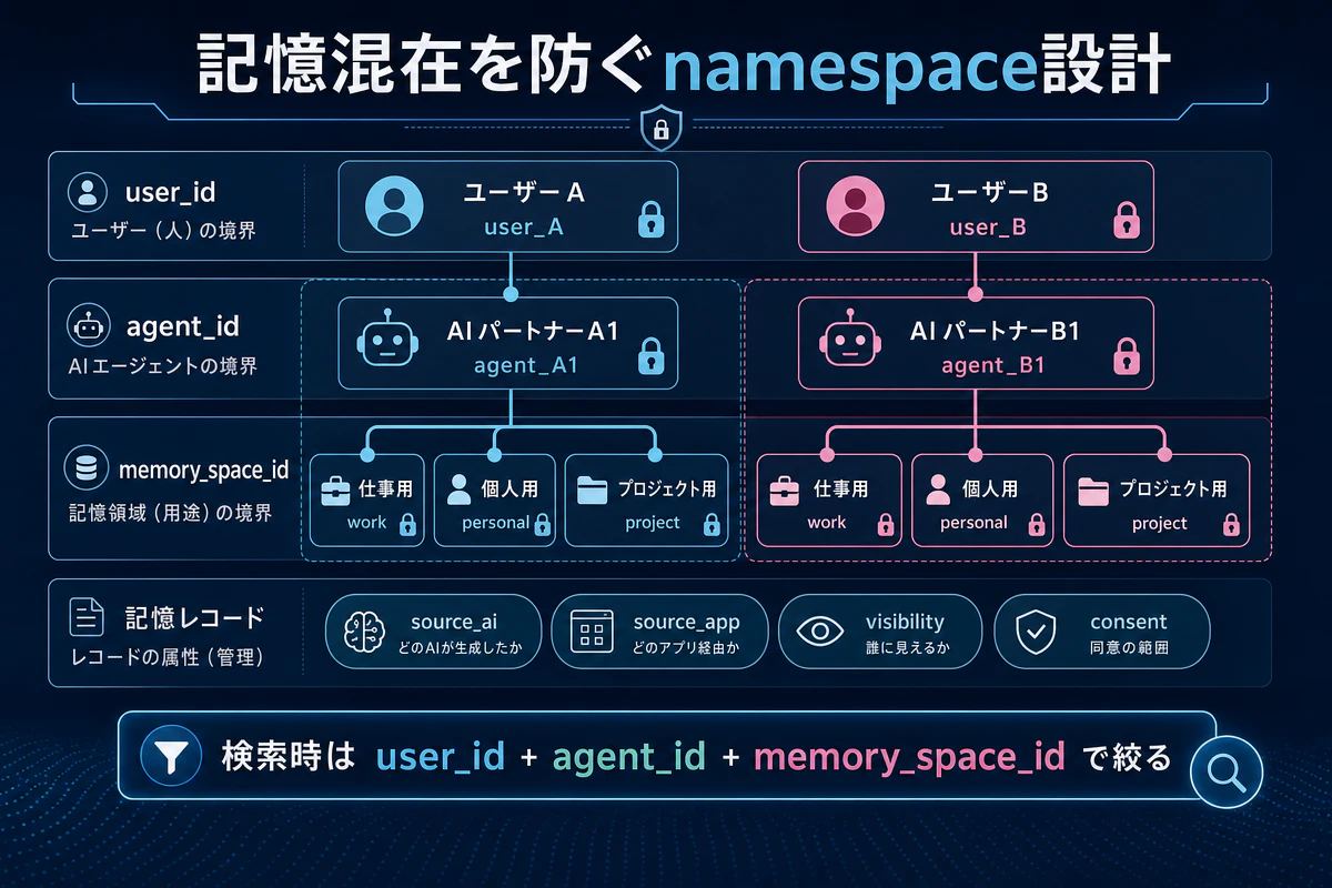 記憶混在を防ぐnamespace設計 - user_id、agent_id、memory_space_idで検索対象を絞る