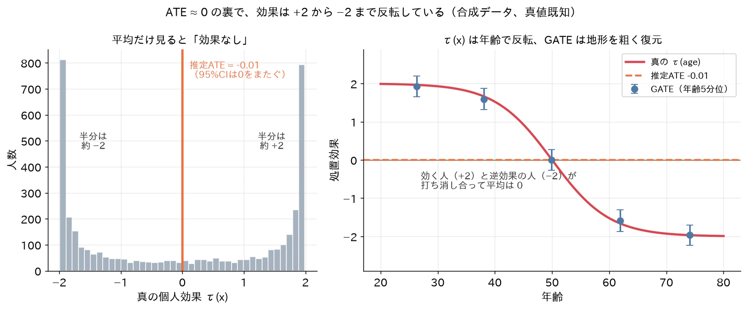 Fig 1: ATE≈0の裏の効果の地形(左: 真の個人効果τ(x)の分布は±2の二峰で、平均を取ると0に潰れる。右: 真のτ(age)の曲線は50歳で反転し、推定ATEの水平線はその地形を1本の平らな線に要約してしまう。青い点は手を動かす③のGATE)