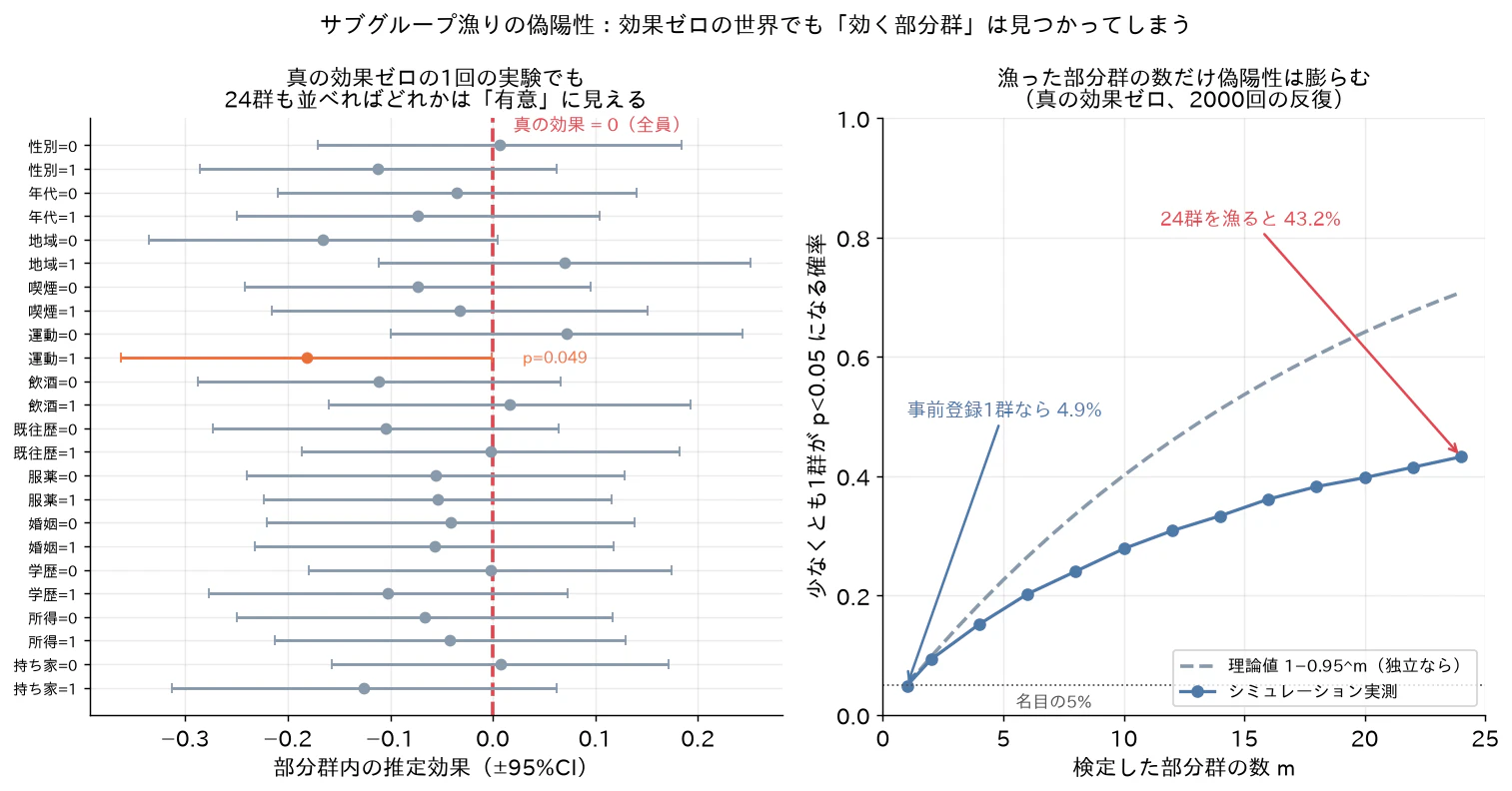 Fig 2: サブグループ漁りの偽陽性シミュレーション(左: 真の効果ゼロの1回の実験でも24部分群を並べると「運動=1」がp=0.049で有意に見える。右: 検定した部分群の数mに対する「少なくとも1群有意」の確率。漁った数だけ偽陽性は膨らみ、24群で実測43.2%)