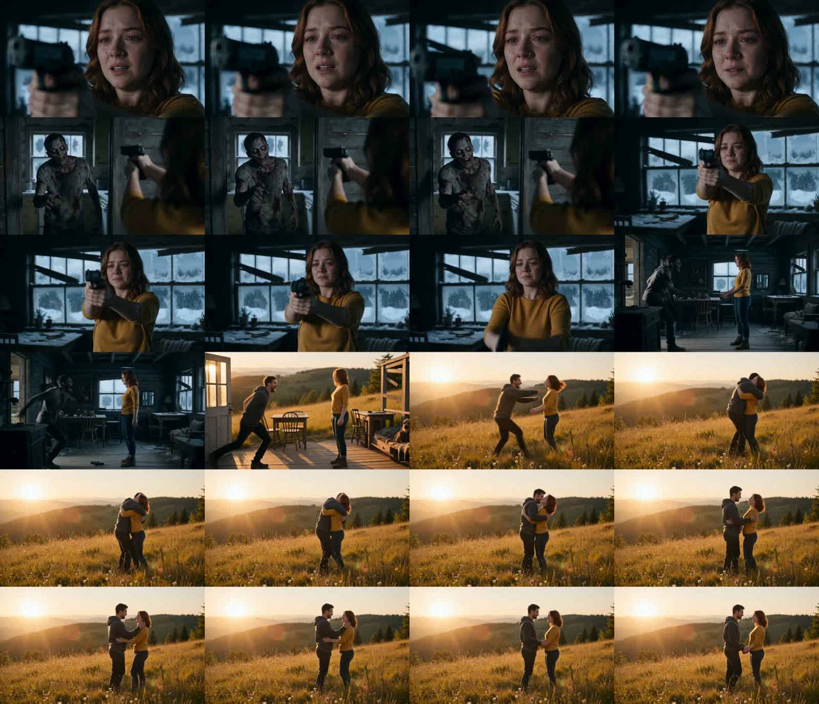 Seedance 2.0のゾンビ・マッチカット生成フレーム:突進の途中で草原への扉が表示され、接触前に人物が生身に戻る