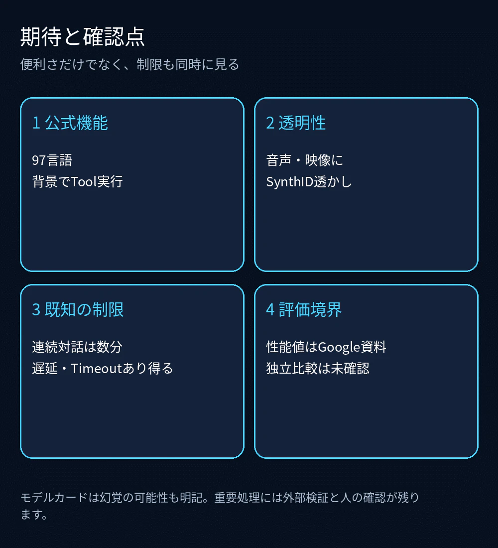 Live Avatarの公式機能、透明性、既知の制限、評価境界