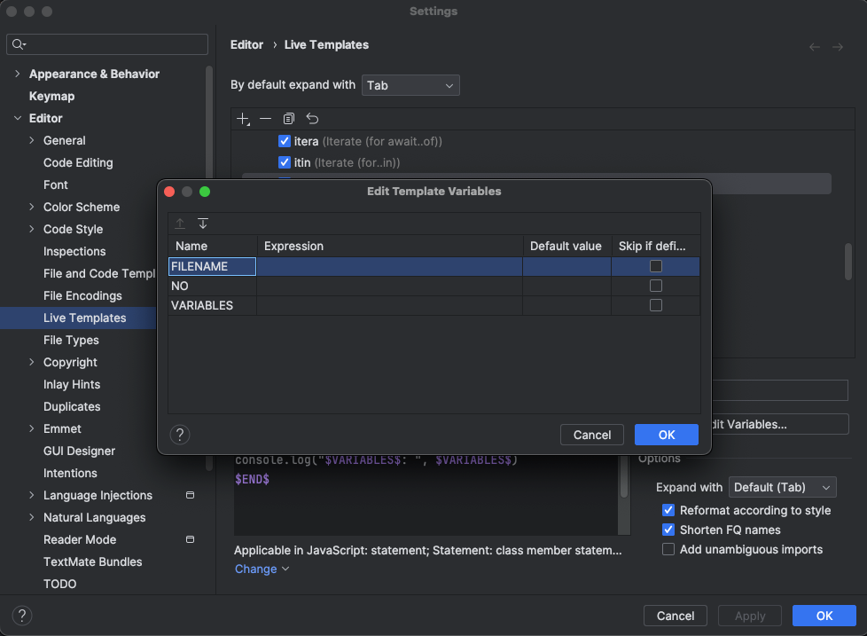 Edit Template Variablesの画面
