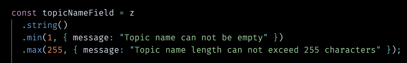 zodの.minメソッドと.maxメソッドを示すコード環境のスクリーンショット。どちらもエラーメッセージ付きで実装されている