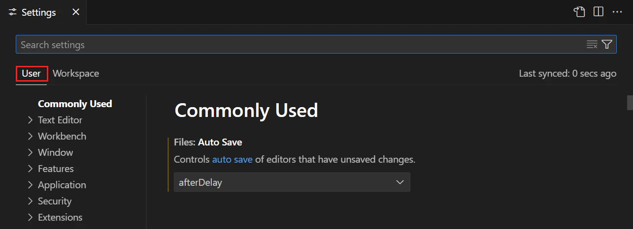 VS Code Settings の User タブ(公式ドキュメント)