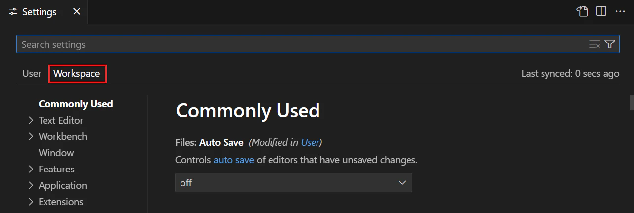 VS Code Settings の Workspace タブ(公式ドキュメント)
