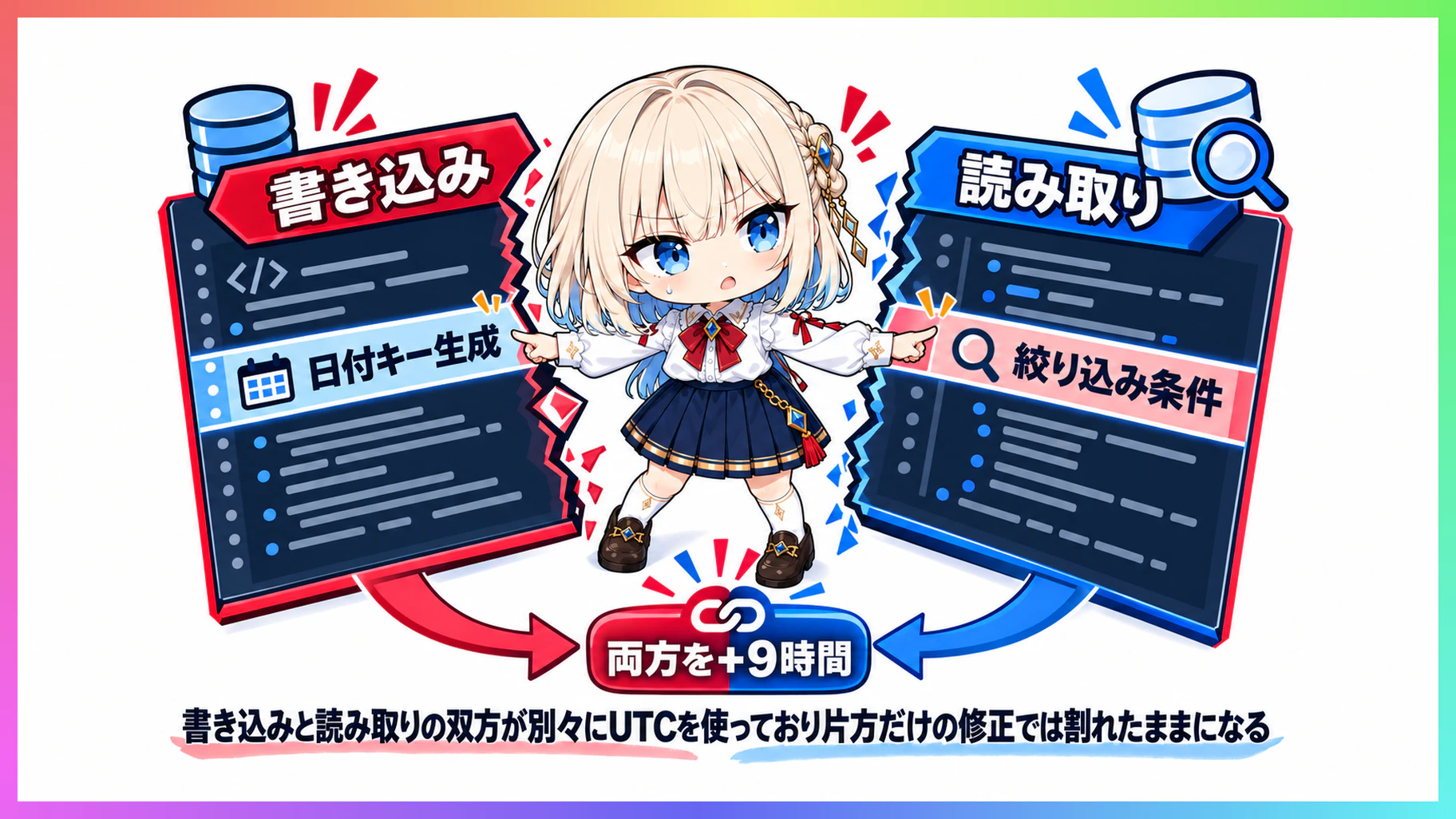 書き込み側と読み取り側の双方がUTCを使っている二重の不整合の図