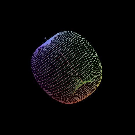 虹色の線で表現されたリンゴ曲面が描画され、それが3D回転する