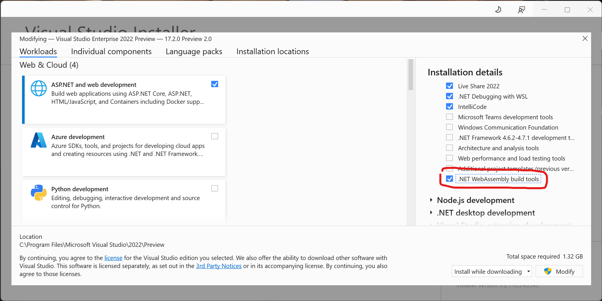 ".NET WebAssembly build tools" のインストールオプション