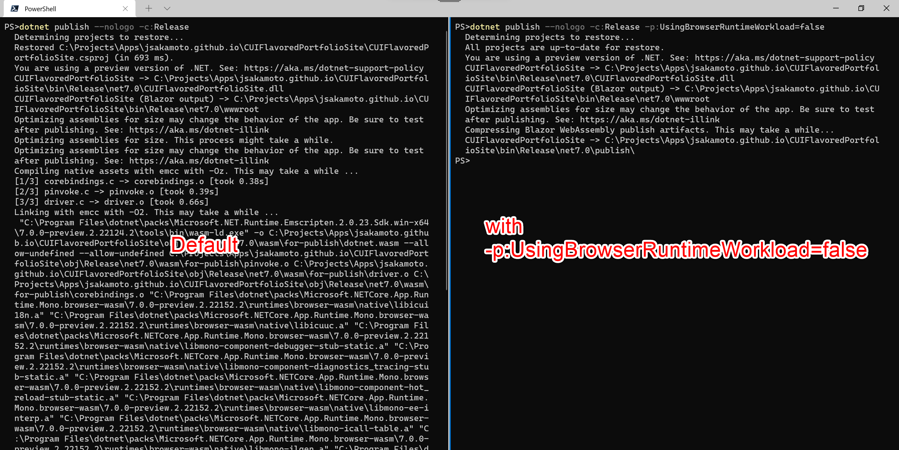 "-p:UsingBrowserRuntimeWorkload=false" を指定した場合としなかった場合の発行処理速度の比較