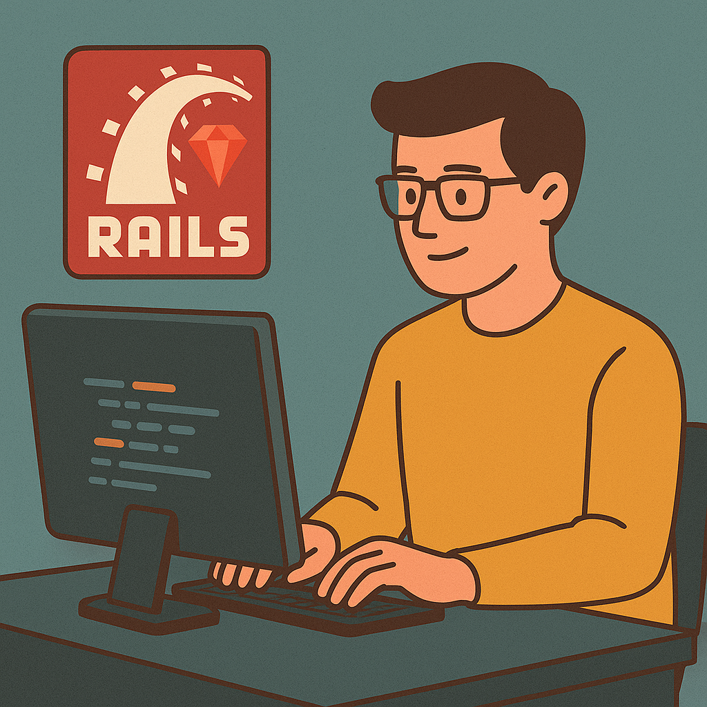 Ruby on Railsプログラマーがコンピュータでプログラミングしているイラスト