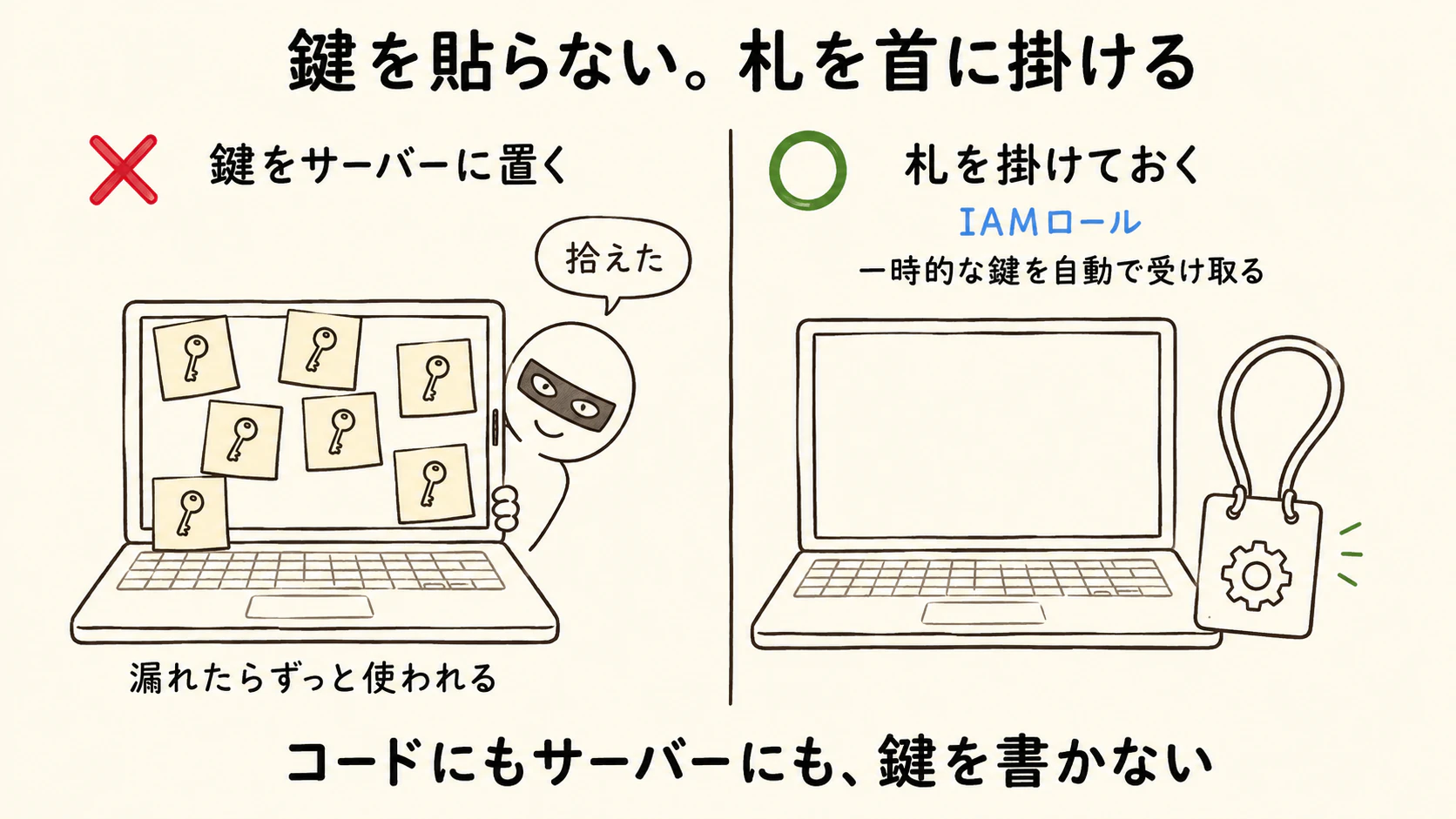 鍵を貼らない、札を首に掛ける。アクセスキーをサーバーに置くと漏れたらずっと使われる。IAMロールなら一時的な鍵を自動で受け取る