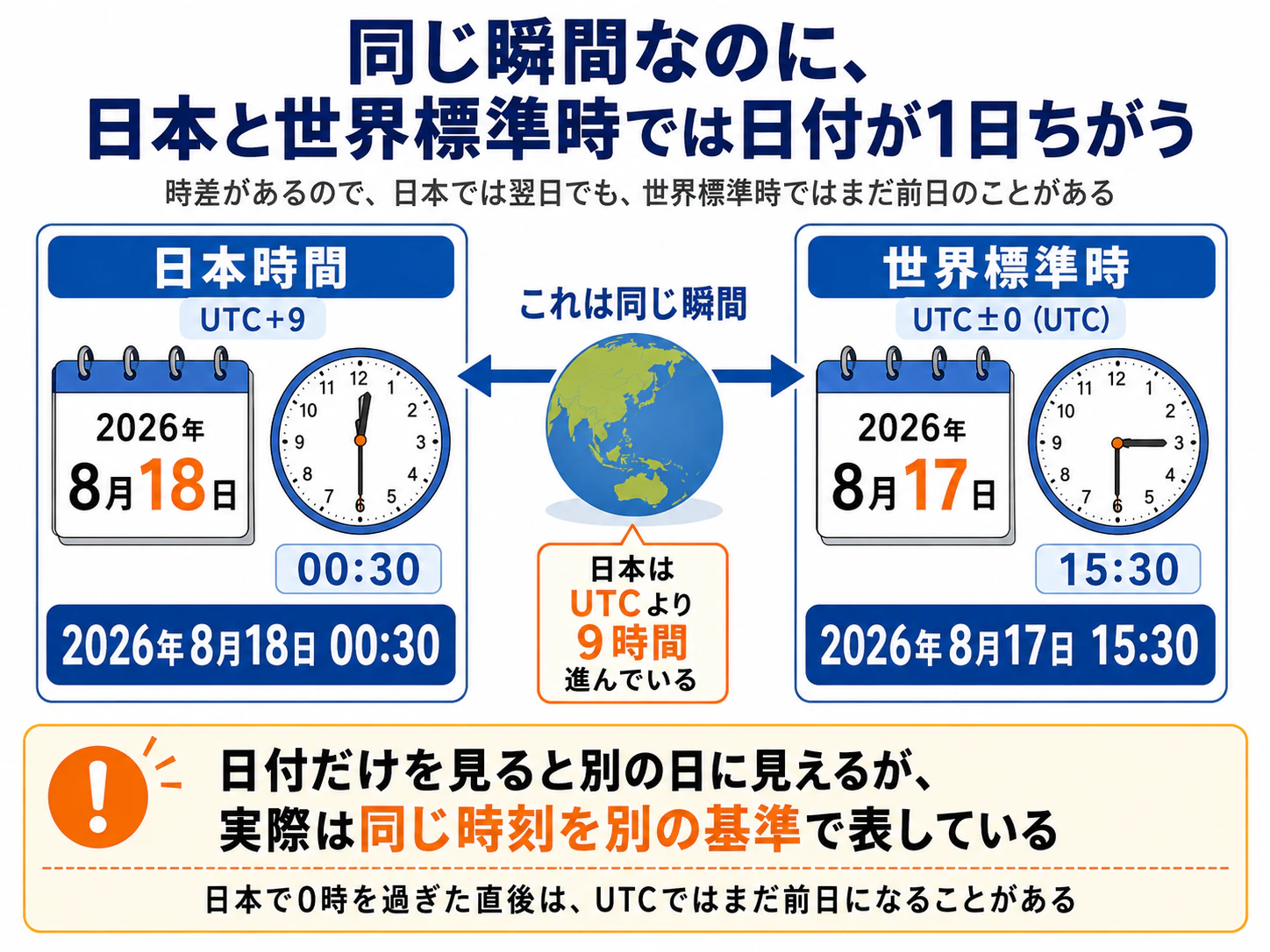 同じ瞬間なのに、日本と世界標準時では日付が1日ちがう(筆者作成)