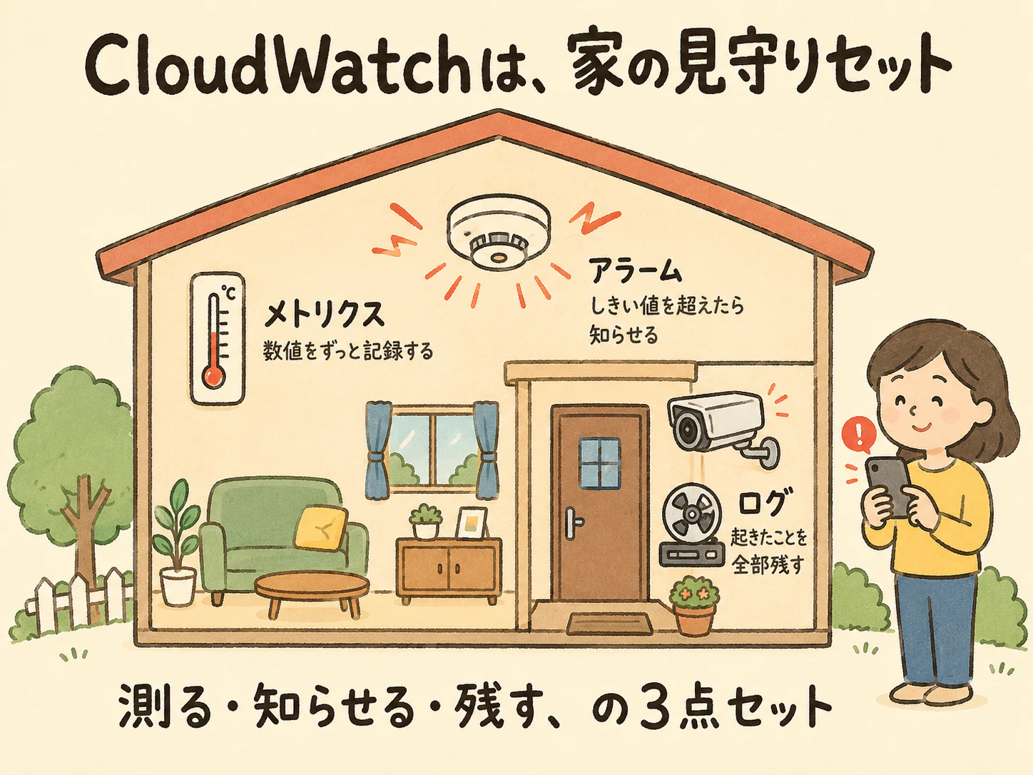 CloudWatchは、家の見守りセット。温度計(メトリクス)・火災報知器(アラーム)・防犯カメラ(ログ)