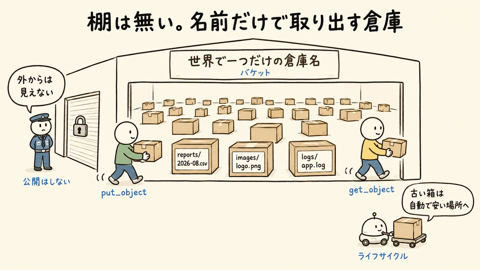 S3は棚の無い倉庫。名前(キー)を貼った箱を床に置き、名前だけで取り出す。外からは見えない