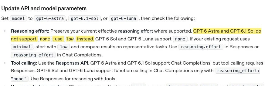 公式ドキュメント「Using GPT-6」の該当箇所。GPT-6 Astra と GPT-6.1 Sol は none に対応せず、代わりに low を使うよう書かれている