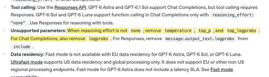 公式ドキュメント「Using GPT-6」の該当箇所。reasoning effort が none でないときは temperature、top_p、top_logprobs を削除するよう書かれている