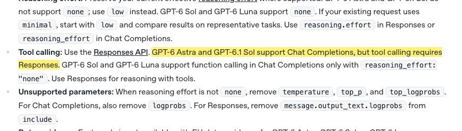 公式ドキュメント「Using GPT-6」の該当箇所。GPT-6 Astra と GPT-6.1 Sol は Chat Completions に対応するが、ツール呼び出しには Responses が必要と書かれている