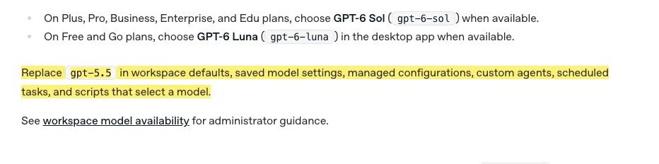 Codex の公式ドキュメント「Models」の GPT-5.5 退役の該当箇所。ワークスペース既定やスクリプトなどの gpt-5.5 を置き換えるよう書かれている