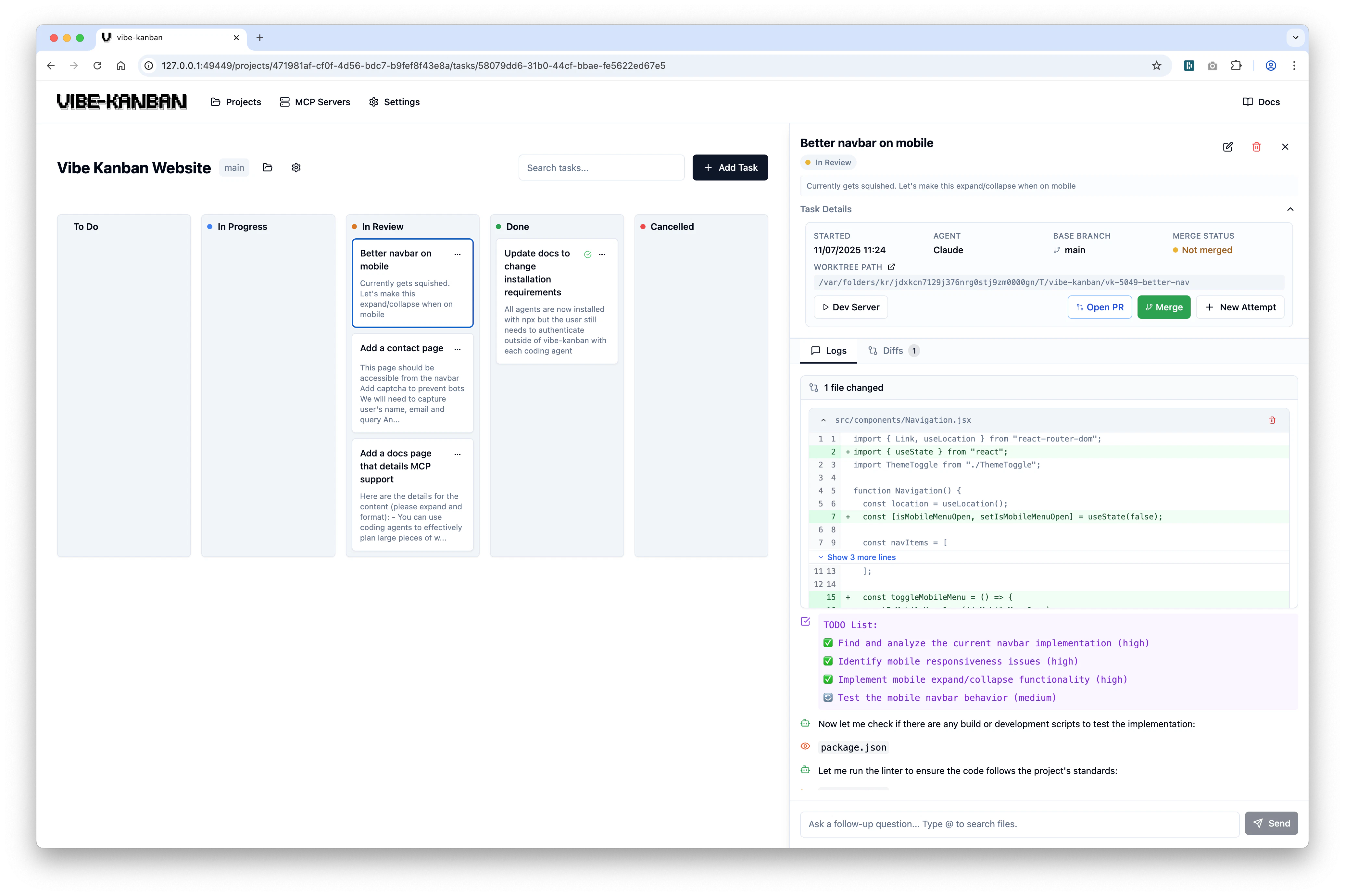 Vibe Kanbanの概要。ToDoカードをAIエージェントが取り込み、自動でIn Progress/Doneを更新していく