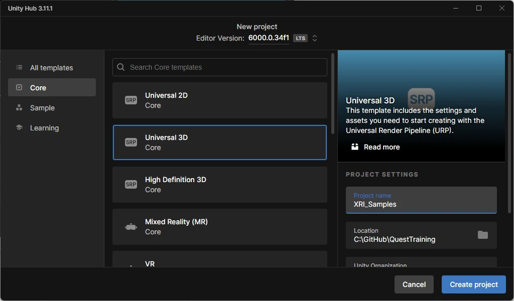 Unity プロジェクト作成画面