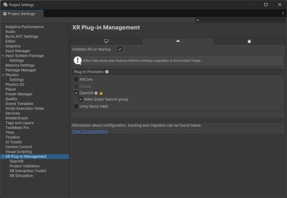 XR Plug-in Management設定