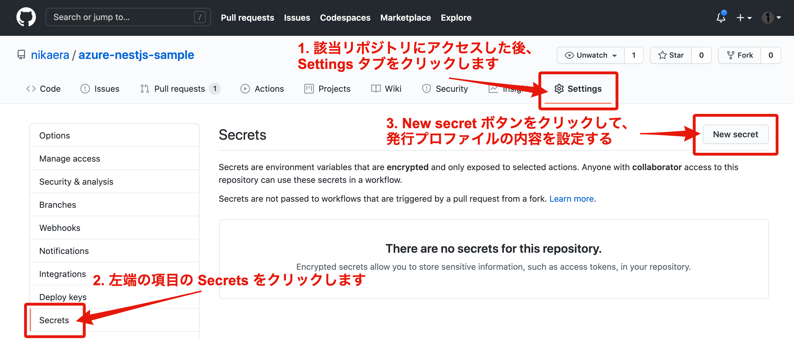 2. GitHub リポジトリの Secrets の登録画面に遷移する