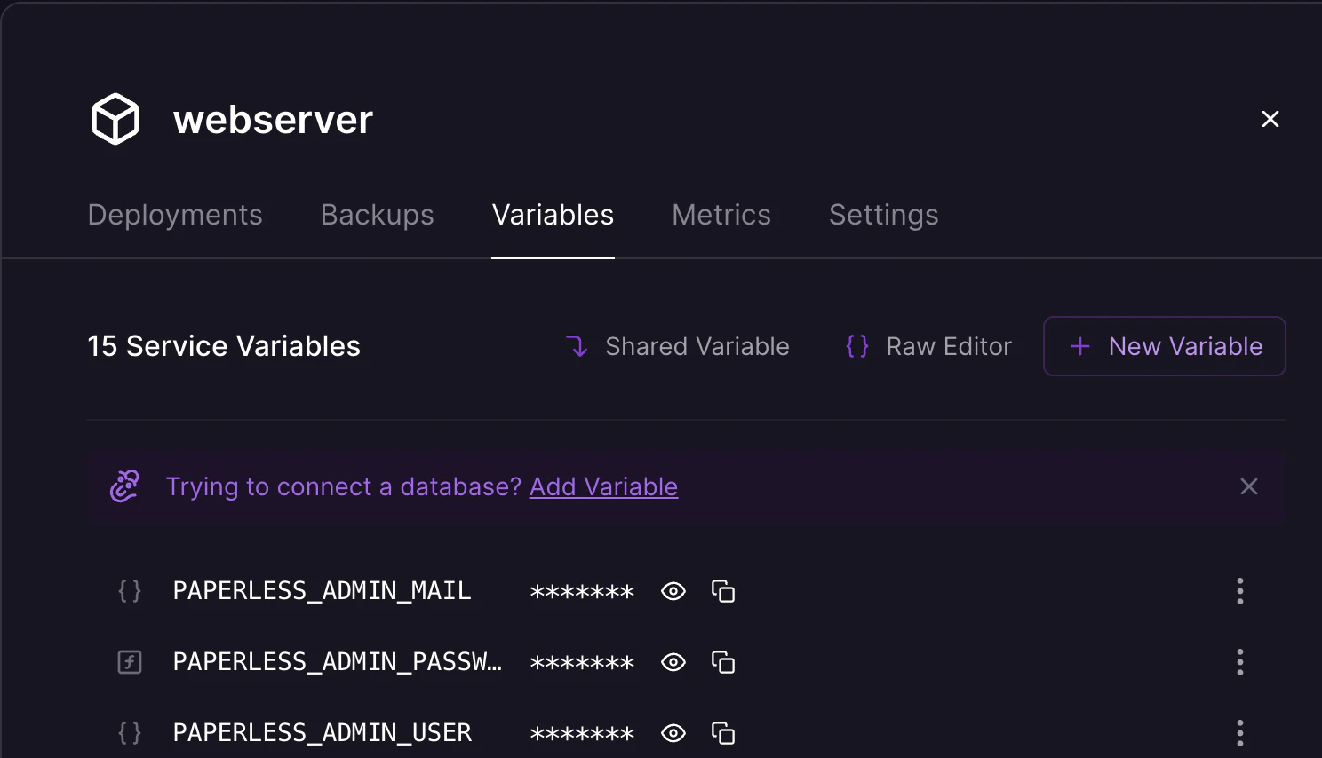 Railwayのwebserver Variablesに表示される初期パスワード