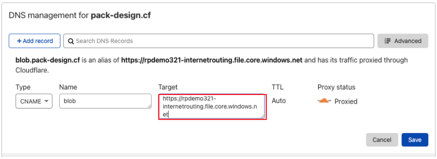 Enter endpoint URLs from Microsoft Azure into your Cloudflare dashboard.