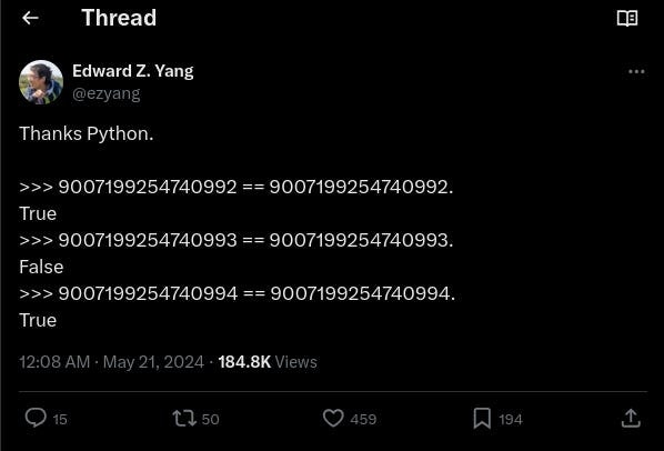 非常に大きな整数と浮動小数点数を比較したときに起こる予想外の結果