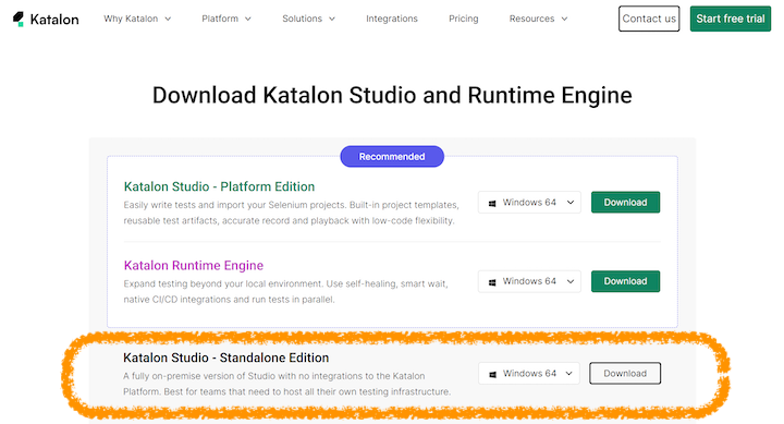Katalon Download page