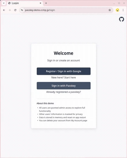 デモ1: Google登録とPasskey追加