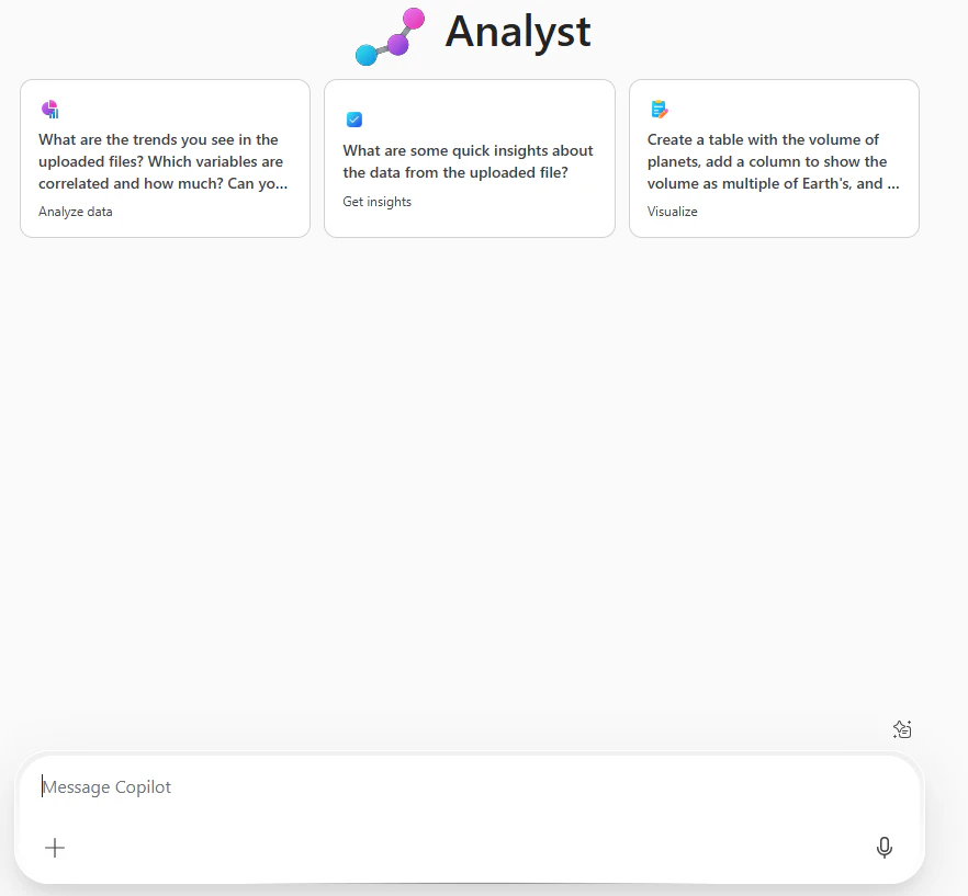 Microsoft Copilot Chat内のアナリスト(Analyst)エージェントの画面