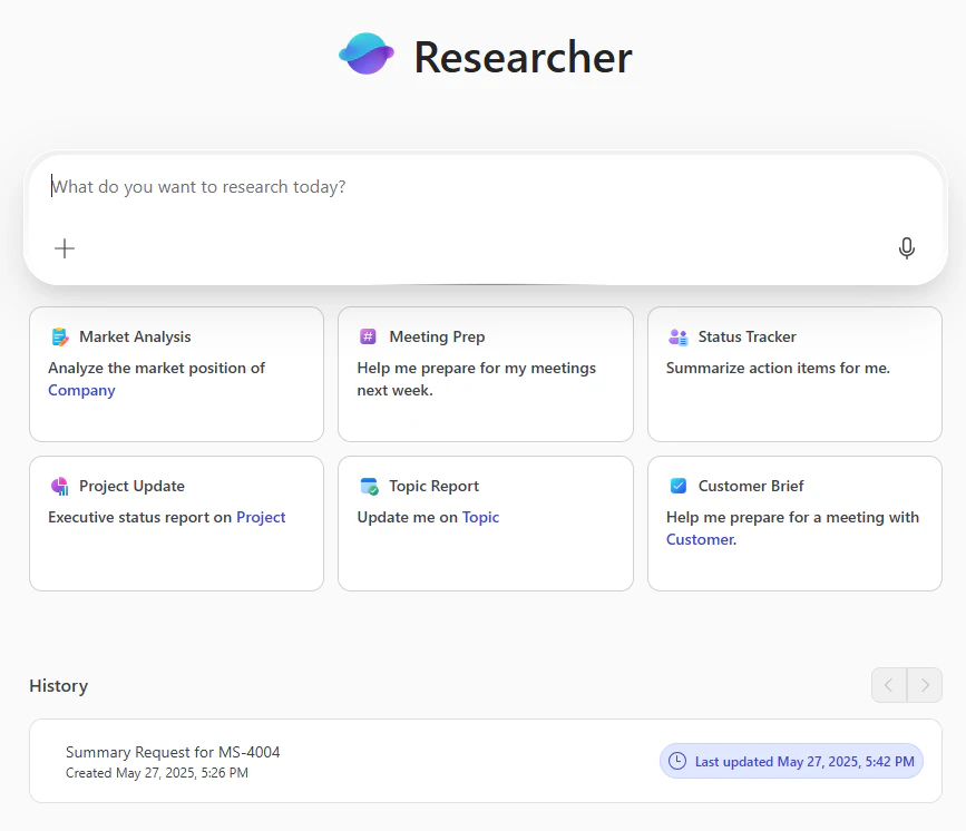 Microsoft Copilot Chat内のリサーチ ツール(Researcher)エージェントの画面