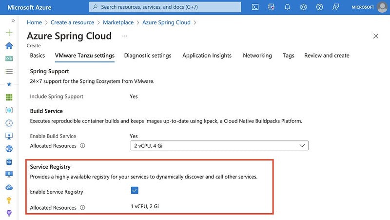 Azure Spring Cloud Enterprise VMWare Tanzu settings