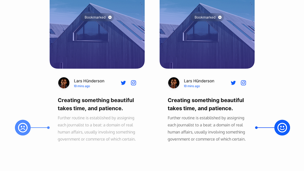 2 mobile app examples side by side. One with very light body text, and the other with slightly darker text