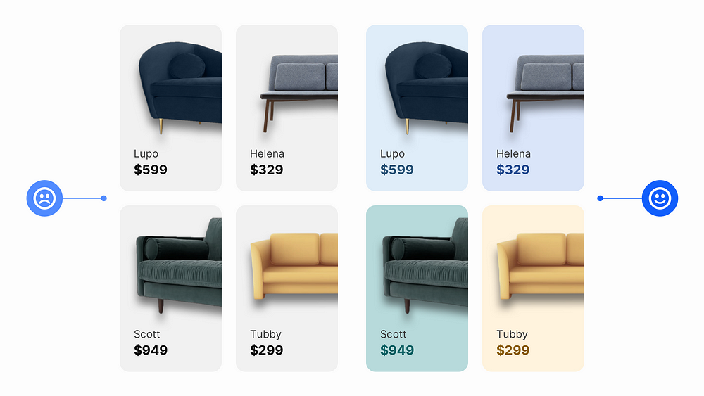 Product shots of furniture with various coloured backgrounds