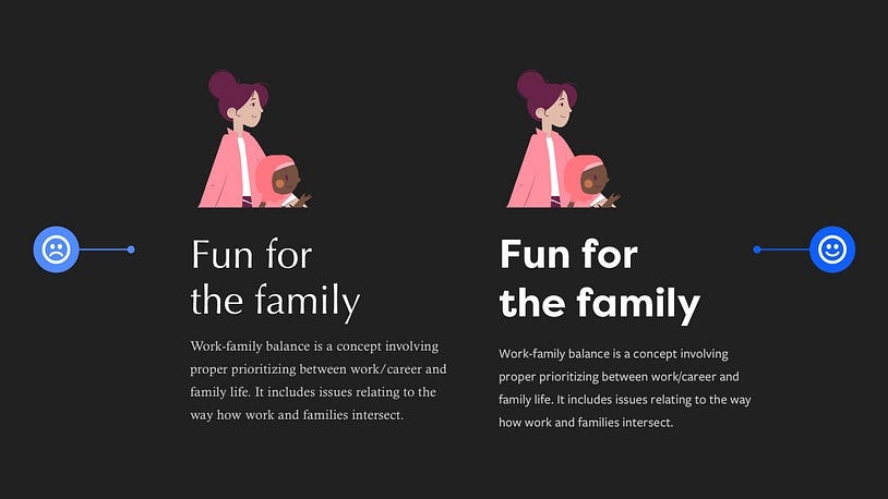 2 design examples, both with the title 'Fun for the family'. One with a heading in an unconventional typeface, and the other with a more suitable typeface for the content.