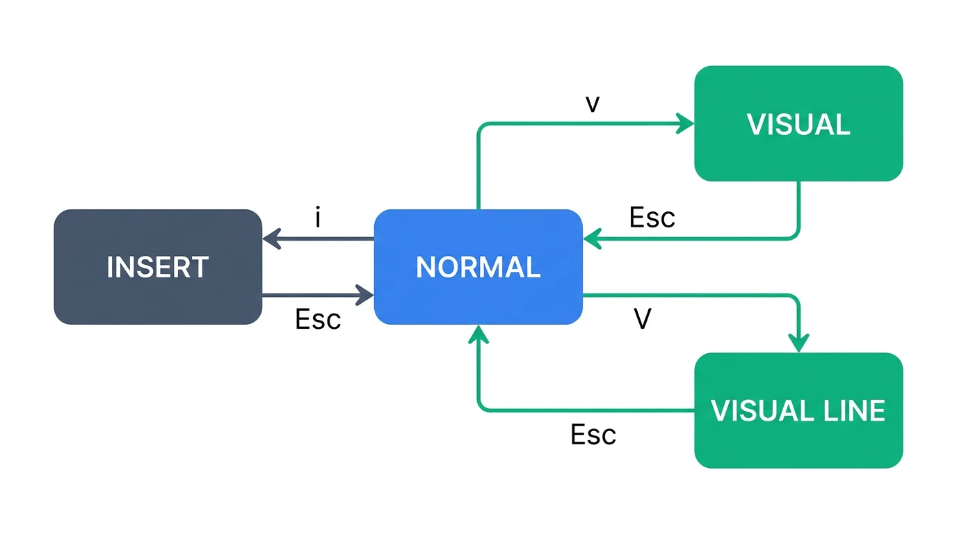 Vim モードの状態遷移図:NORMAL・INSERT・VISUAL・VISUAL LINE の 4 状態