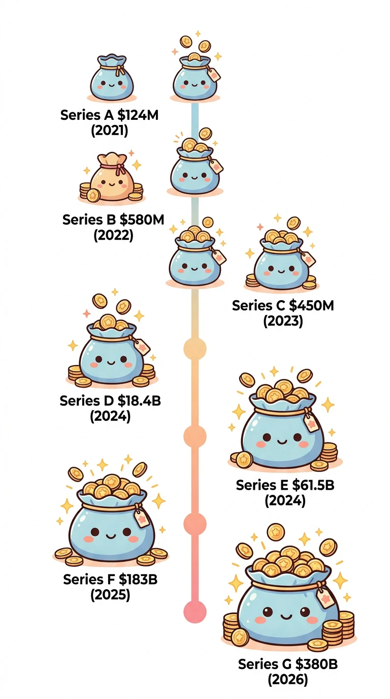 Anthropic資金調達タイムライン(2021年Series A $124M〜2026年Series G $380B、7ラウンドを時系列で表示)
