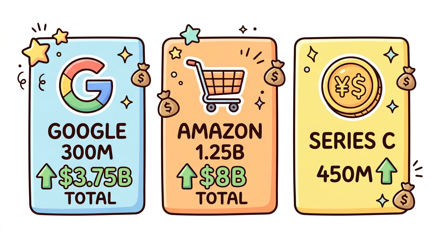 2023年の大型投資一覧(Google $300M→累計$3.75B+、Amazon $1.25B→累計$8B、Series C $450Mを図示)