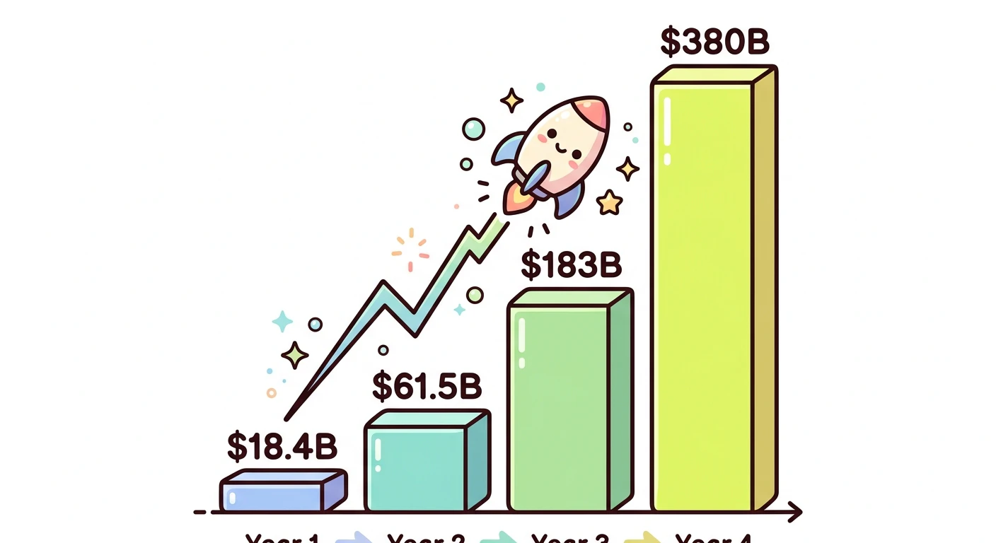 評価額の急成長グラフ(Series D $18.4B → Series E $61.5B → Series F $183B → Series G $380B)