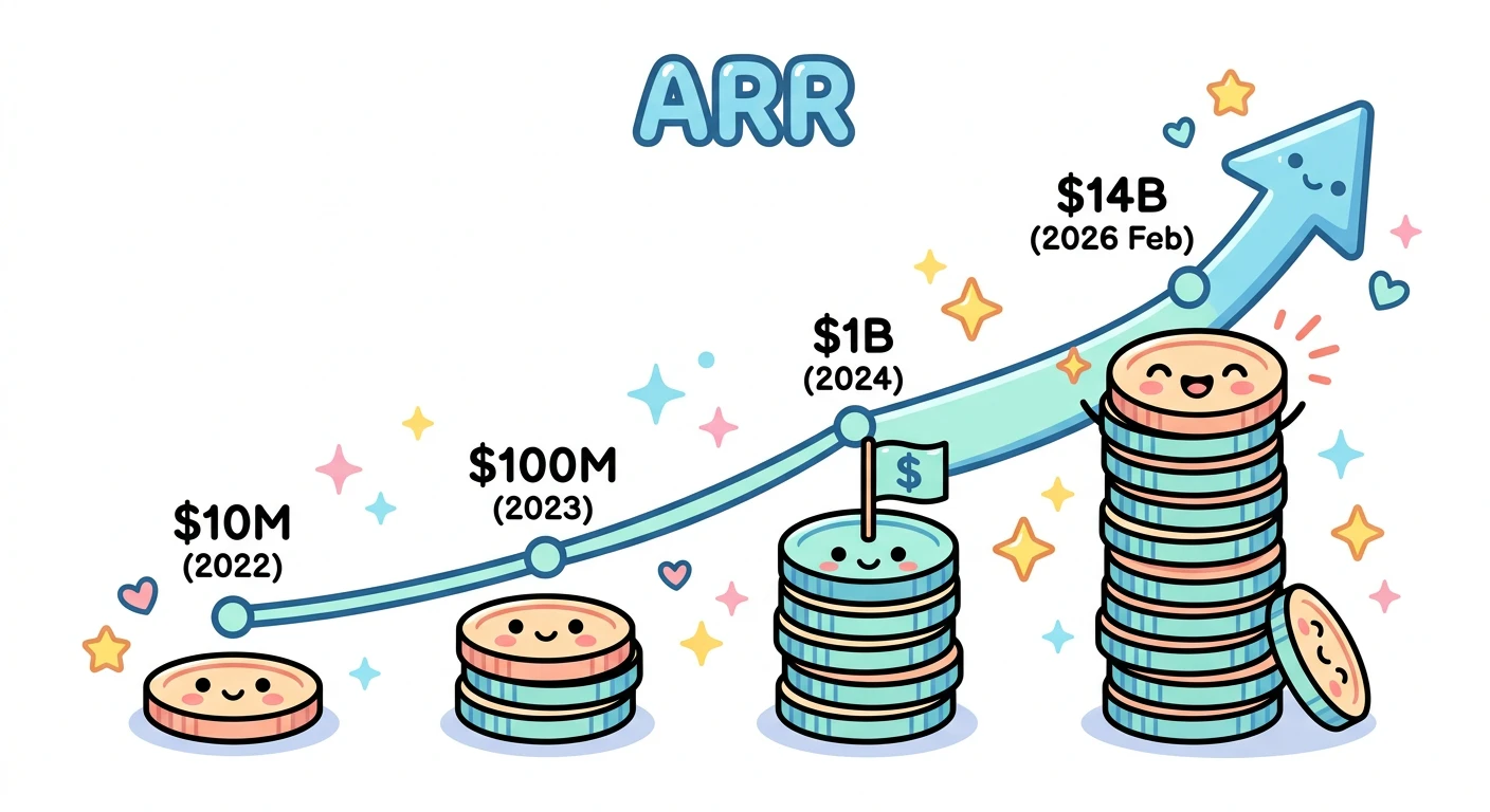 ARR推移グラフ(2022年$10M → 2023年$100M → 2024年$1B → 2026年2月$14B)