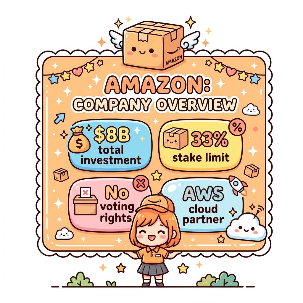 Amazonの投資概要。累計$8B、AWSが主要クラウドパートナー、Project Rainier($11B)、持分33%未満上限、議決権なし