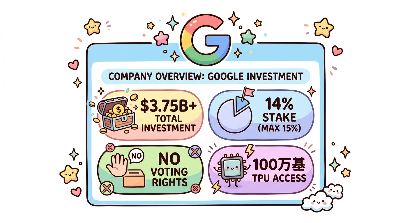Googleの投資概要。累計$3.75B+、持分14%(上限15%)、最大100万基TPUアクセス、議決権なし