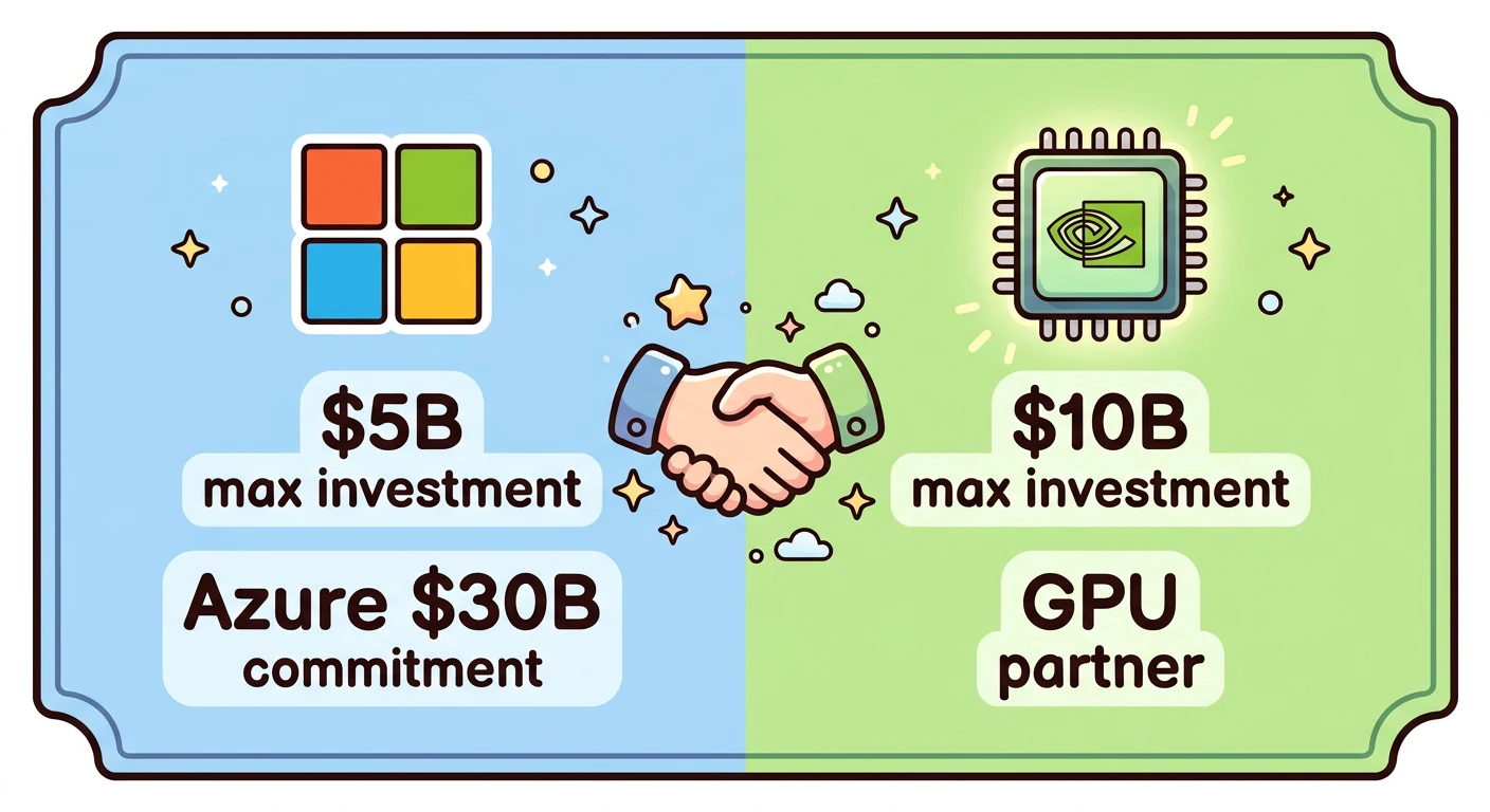 Microsoft・Nvidia三者提携の概要。Microsoft最大$5B+Azure $30Bコミット、Nvidia最大$10B