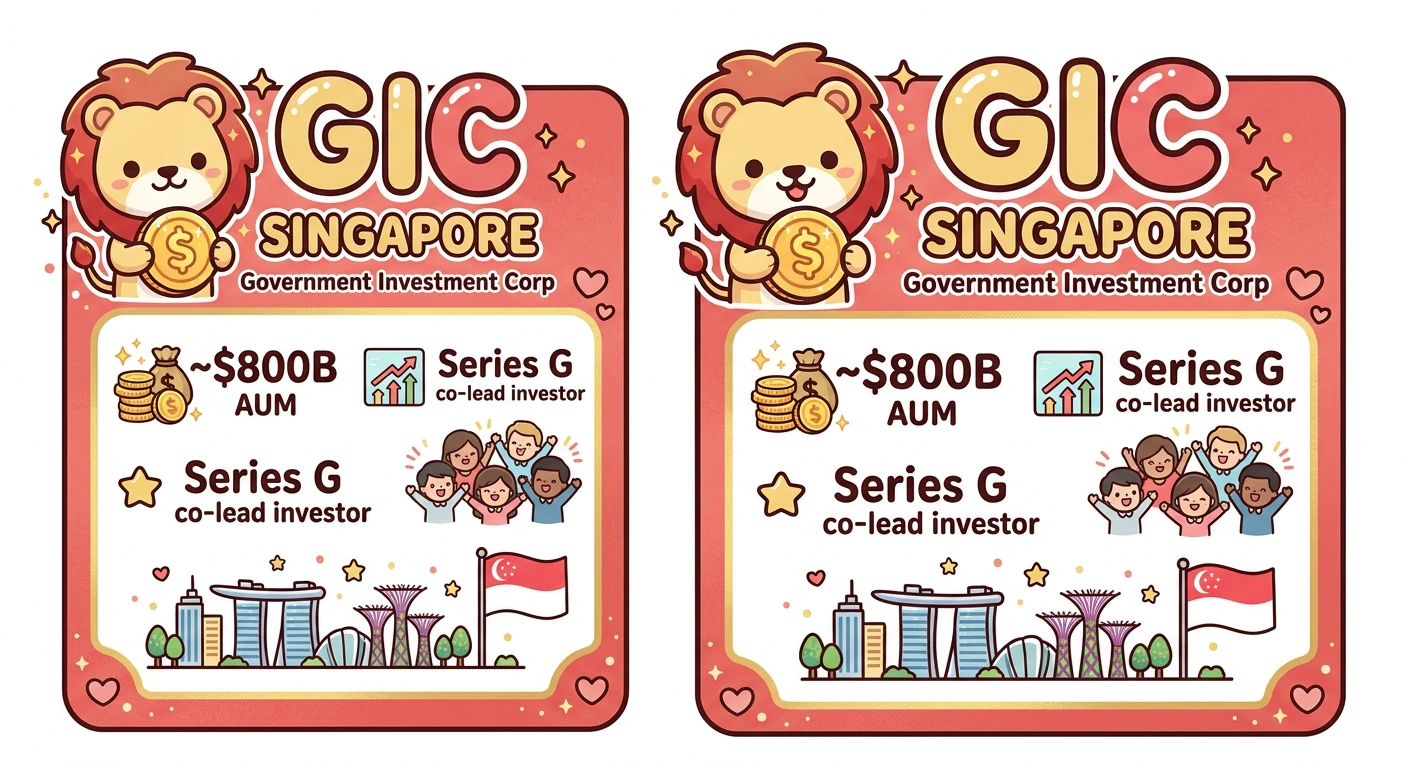GICの概要。シンガポール政府投資公社、推定運用資産$800B、Series G共同リード