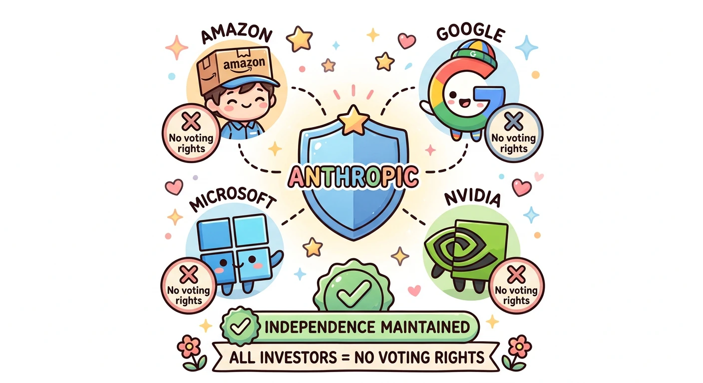 投資家構造のサマリー。全社とも議決権なし。中央にAnthropicロゴと「独立性維持」