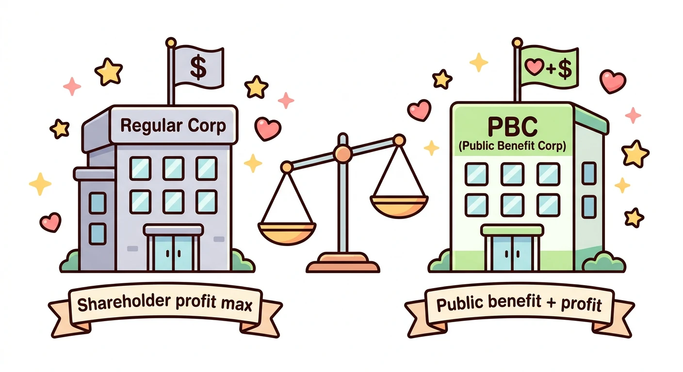 PBC(Public Benefit Corporation・公益目的法人)の概念図。通常の株式会社が「株主利益の最大化」を目指すのに対し、PBCは「株主利益」「関係者利益」「公益」の三者をバランスさせる義務がある