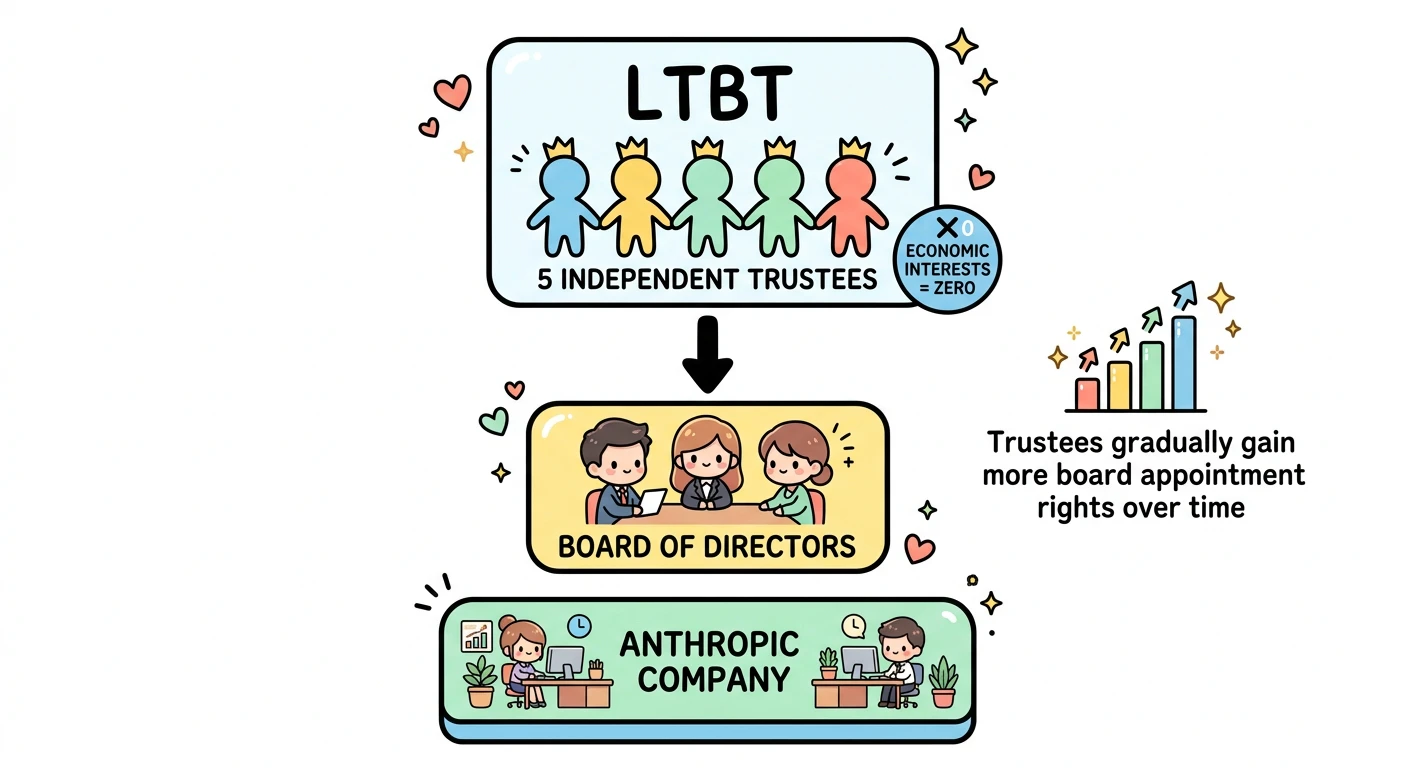 LTBT(Long-Term Benefit Trust)の構造図。経済的利害を持たない5名の独立トラスティーが取締役選任権を段階的に拡大する仕組みを図解