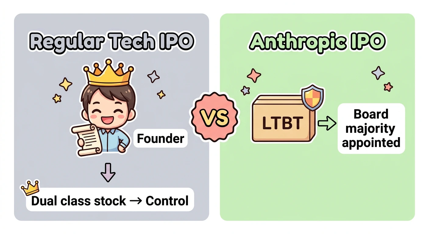 通常のテックIPOとAnthropicのガバナンス比較図。通常: 創業者がデュアルクラスストックで支配権維持。Anthropic: LTBTが取締役過半数を選任する「逆転」構造